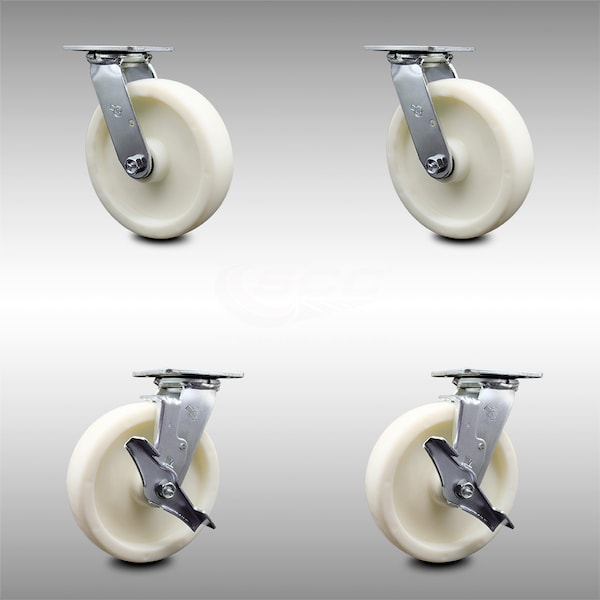8 Inch Stainless Steel Nylon Swivel Caster Set with Roller Bearings 2 Brakes SCC